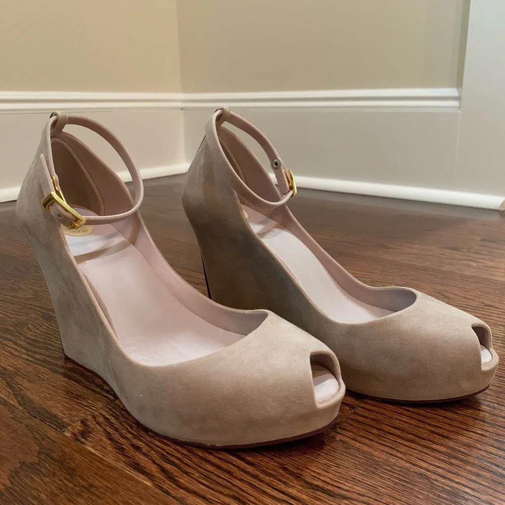 Melissa Beige/Taupe Suede Peep-Toe Wedge Sandals with Ankle Strap